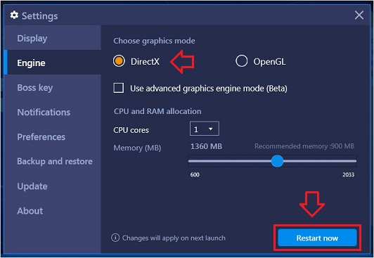 BlueStacks Engine Not Starting Change To DirectX